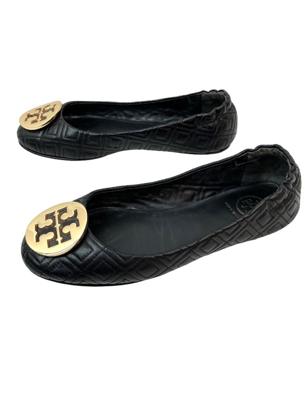 Tory Burch Quilted Minnie Travel Leather Ballet Flats Womens 6M Gold Logo Medall